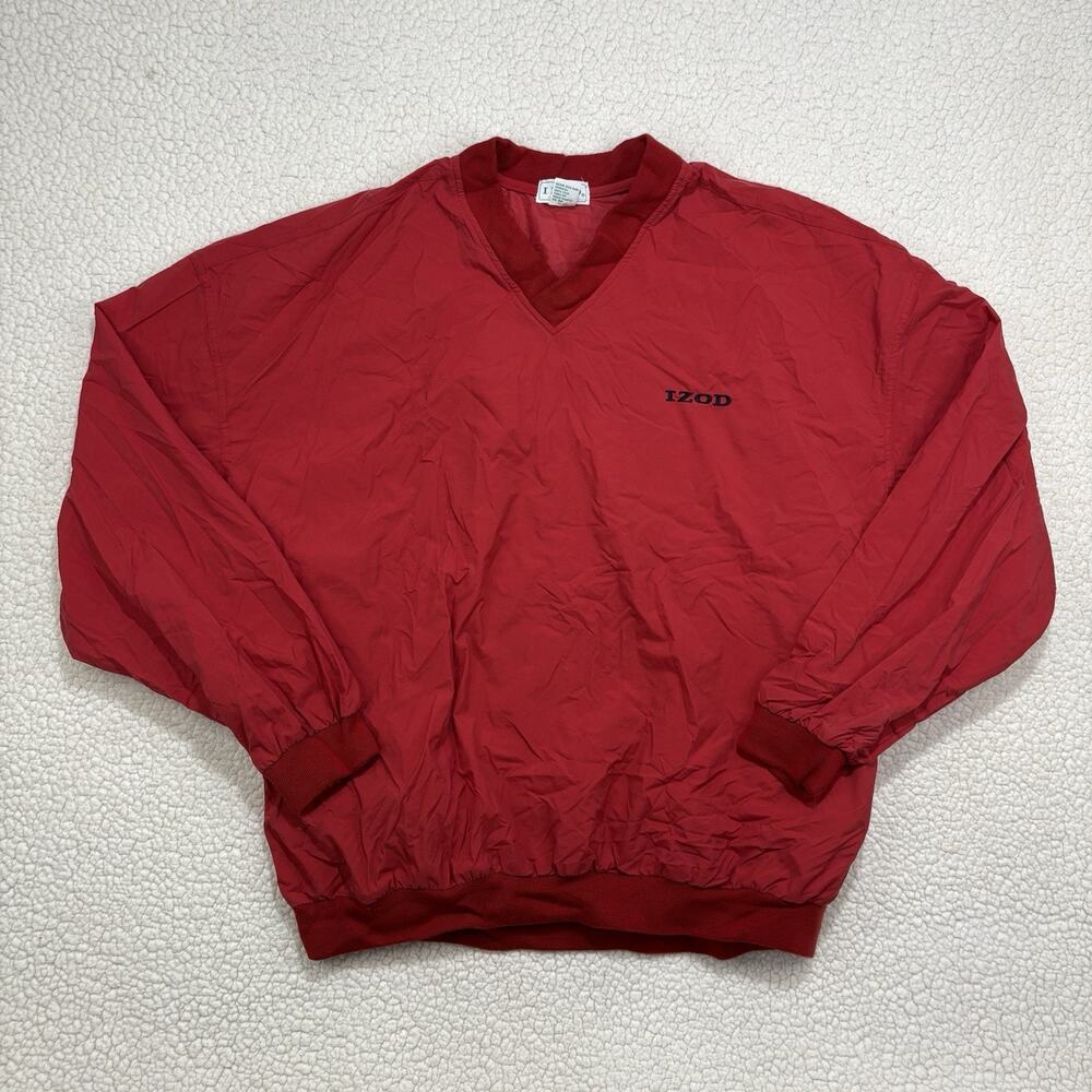 Vintage IZOD Windbreaker Men's Size XL Red V-Neck Pullover Side Zip Pockets Golf